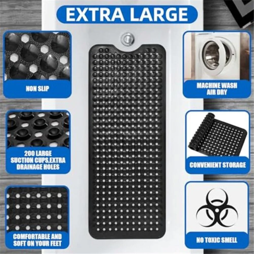 Extra Long Non Slip Bathtub Mat 40x16 Suction Cups Drain Holes Shower Mat Black